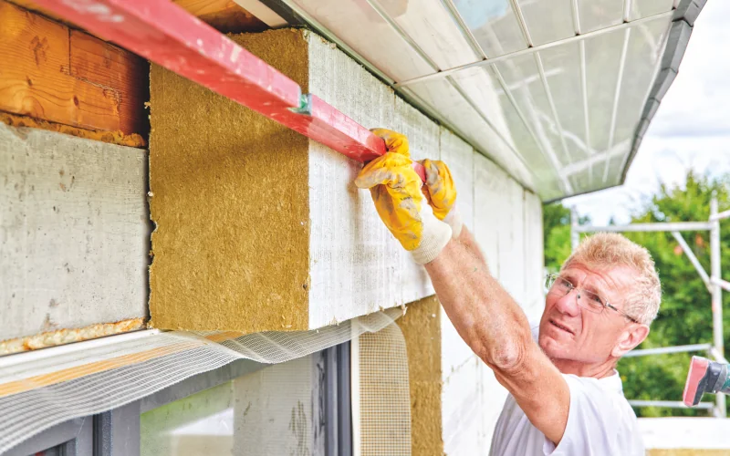 Handwerker bringt Dämmplatten an der Fassade an
