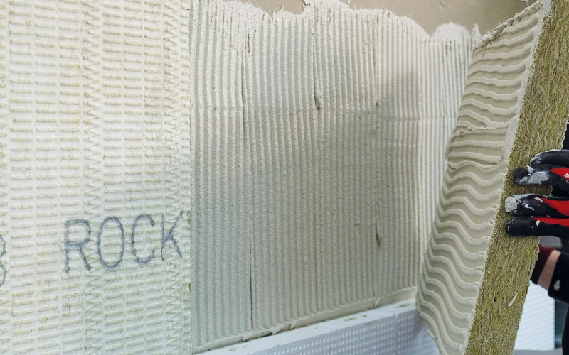 Handwerker bringt Dämmplatte an Außenwand mit Klebstoff an