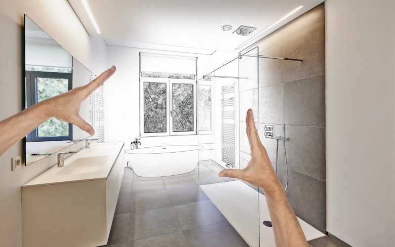 Modernes Badezimmer mit zwei Hände, die einen Rahmen formen