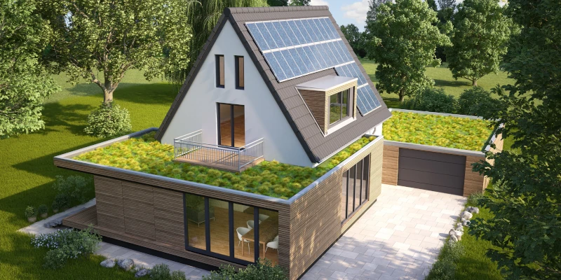 Haus mit bepflanzten Dach
