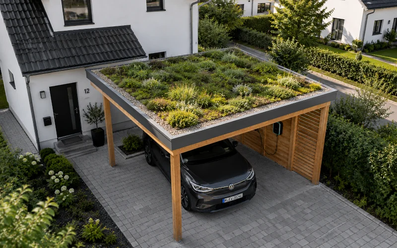 modernes Holz Carport neben weißen Wohnhaus mit Wallbox und E-Auto und Dachbegrünung auf dem Carport Dach