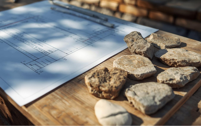 Bild einer Natursteinmauer-Planung, eine kleine Menge verschiedener Steine neben der Planzeichnung