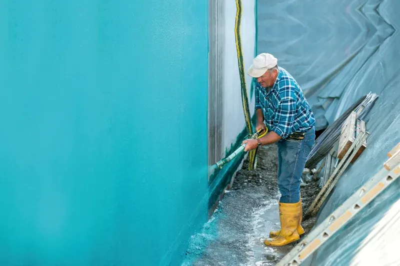 Ein Mann spritzt mit einem Schlauch eine blaue Abdichtungsmasse auf die Hauswand.