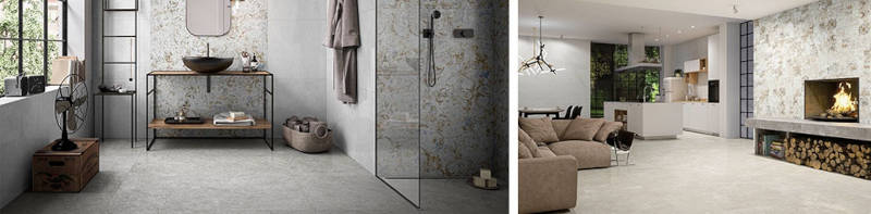 Gemusterte Wand- und Bodenfliesen in verschiedenen Grau- und Beige-Tönen