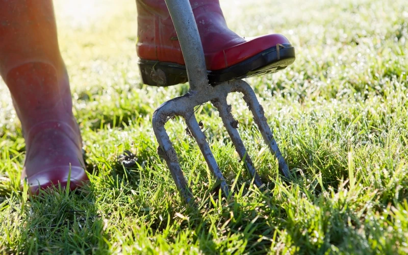Person in roten Gummistiefeln benutzt eine Gartenforke auf Gras.