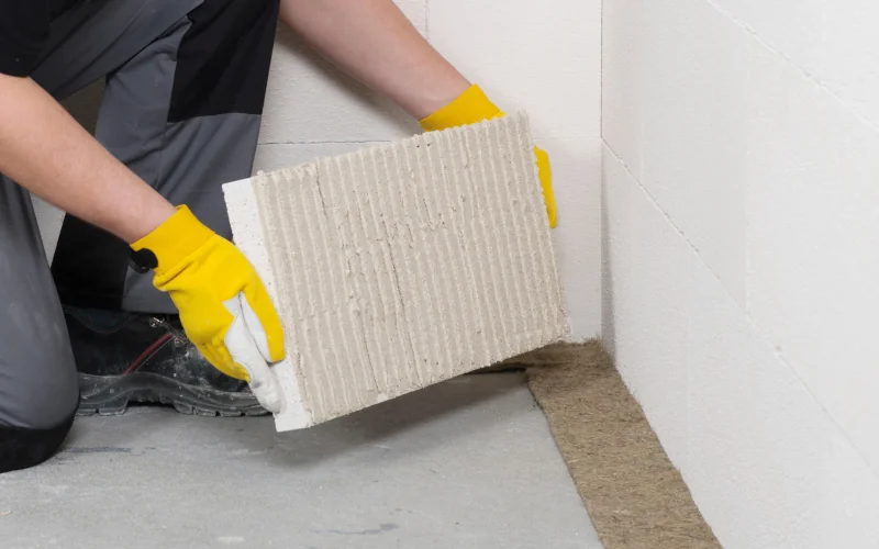 Handwerker bringt Multipor Dämmplatten von Xella an der Wand an