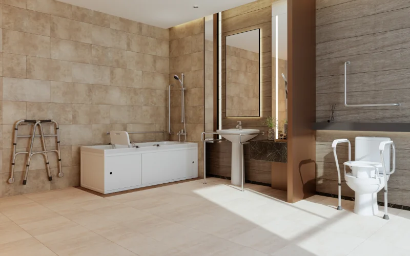 Barrierefreies Badezimmer in braun-orangetönen