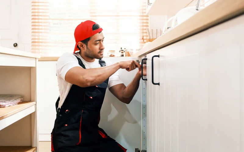 Handwerker schraubt in einer Küche an der Spüle