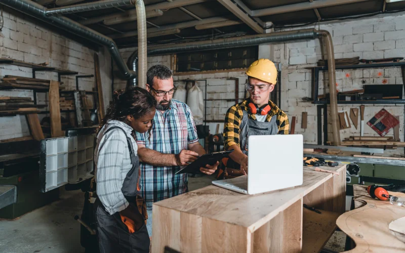 Handwerker in einer Werkstatt schauen gemeinsam auf einen Laptop