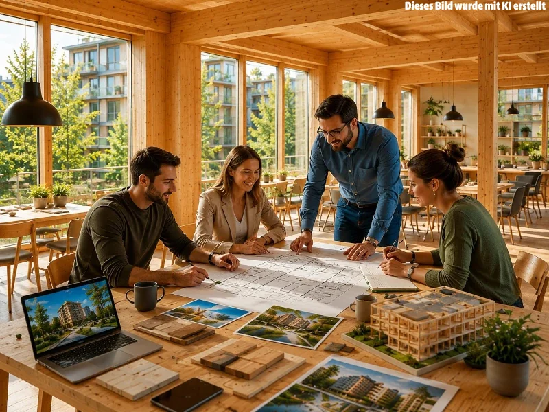Ein Team von 4 Architekten und Planer diskutieren einen Bauplan.