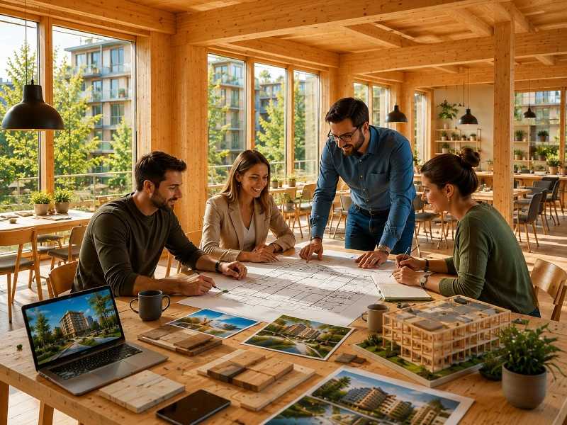 Ein Team von 4 Architekten und Planer diskutieren einen Bauplan.