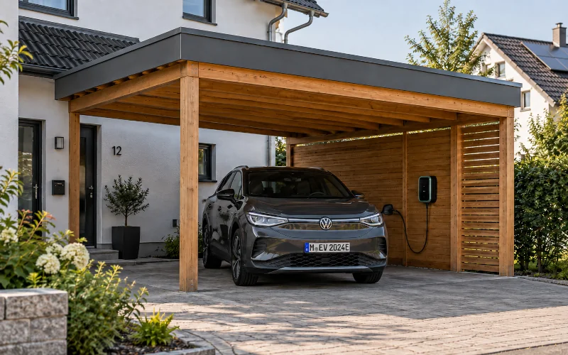 modernes Holz Carport neben weißen Wohnhaus mit Wallbox und E-Auto