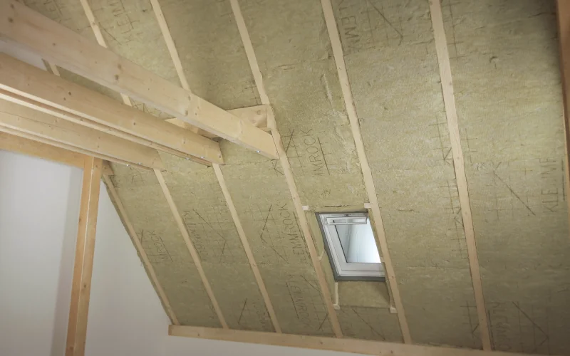 Dachgeschoss im Ausbau mit offener Dämmung in den Sparren