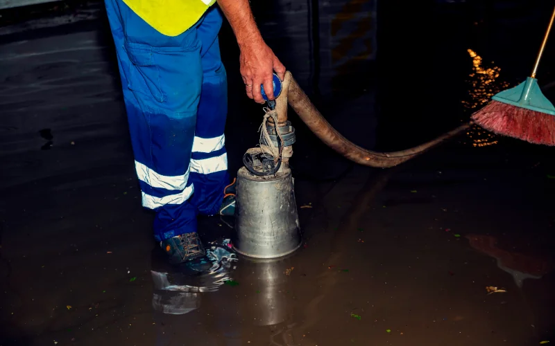 Mit einer Pumpe und einem Schlauch versucht eine Person den Wasserstand zu verringern