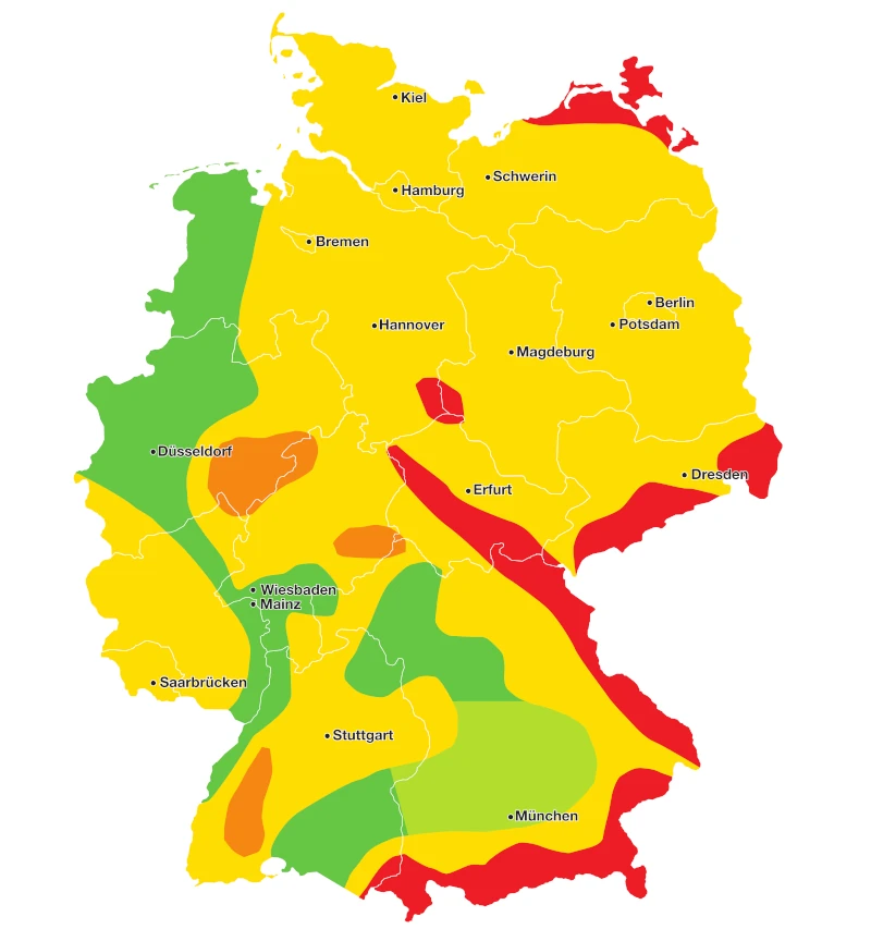 Deutschlandkarte mit farblichen Markierungen für Schneelastzonen