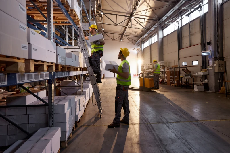 Handwerker in einem Lager die Ware prüfen