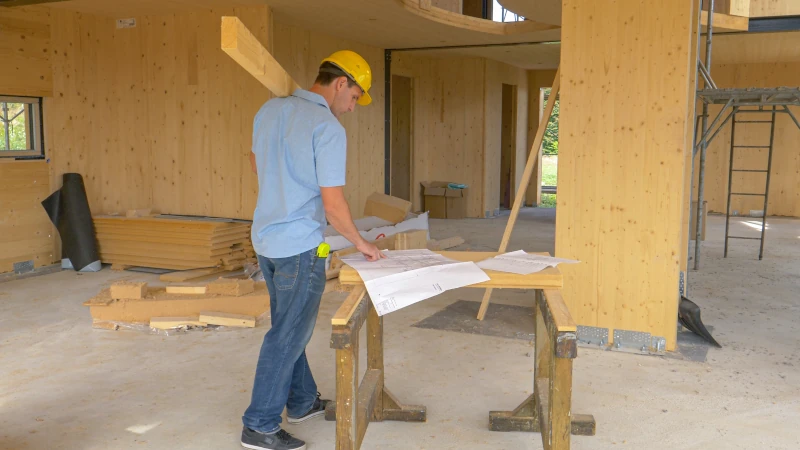 Mann mit Holzbalken auf der Schulter schaut auf einen Bauplan