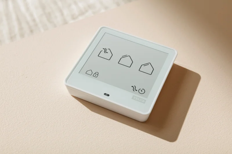 Weißes Smart-Home-Gerät mit Symbolen auf dem Display.