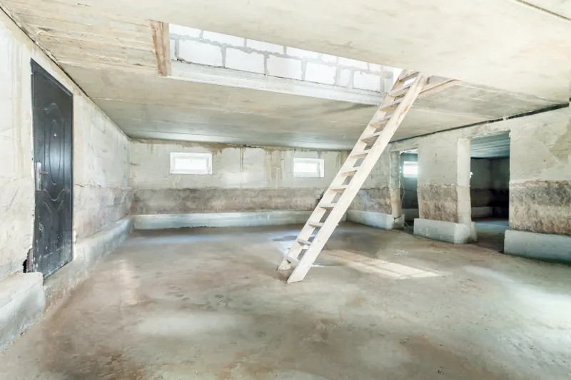 Ein großer kahler Rohbau-Kellerraum in dessen Mitte eine Leiter zum Obergeschoss führt.