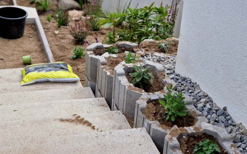 Schalungssteine im Garten an einer Treppe frisch befüllt mit Erde und Pflanzen