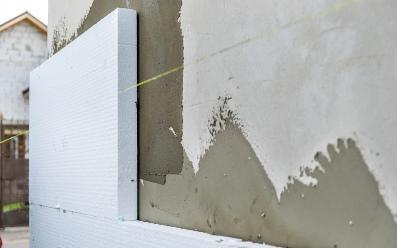 Hausfassade in der Sanierung mit Dämmplatten darauf