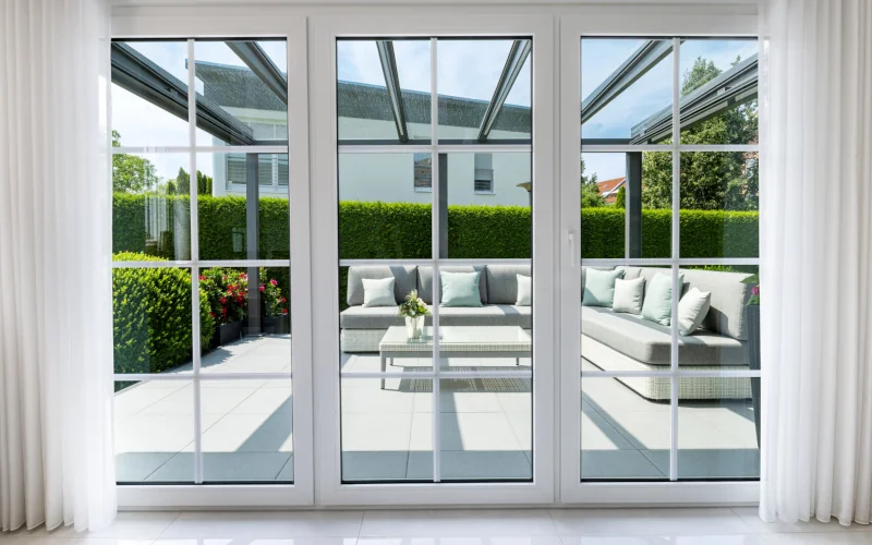 Fensterfront im Wohnzimmer mit Blick auf Terrasse mit Loungemöbeln
