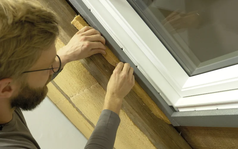 Mann bringt Dämmung am Dachfenster an