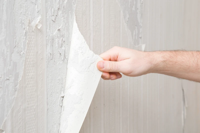 Mann reißt weiße Tapete von der Wand ab