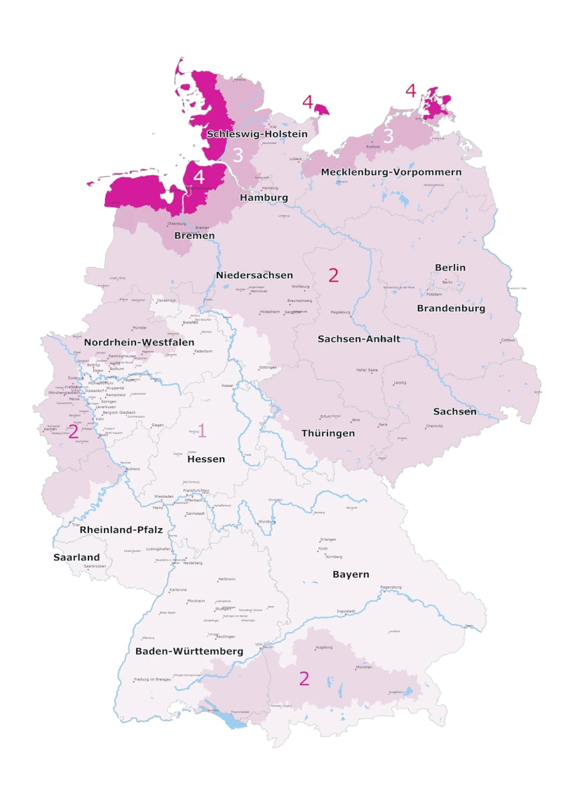Deutschlandkarte mit farblichen Markierungen für Wind