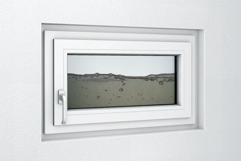 Ein skizziertes Kellerfenster ist zu sehen hinter dem sich Wasser ansammelt.