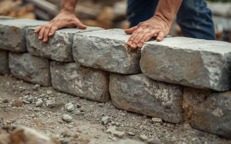 Bild der Setzung der ersten Lage einer Natursteinmauer
