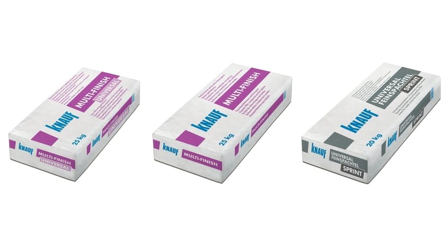 Drei Knauf Produkte nebeneinander: Multi-Finish Universal 25 kg, Multi-Finish 25 kg und Universal Feinspachtel Sprint 20 kg Sack