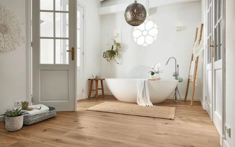 Raum mit Badewanne und Holzboden