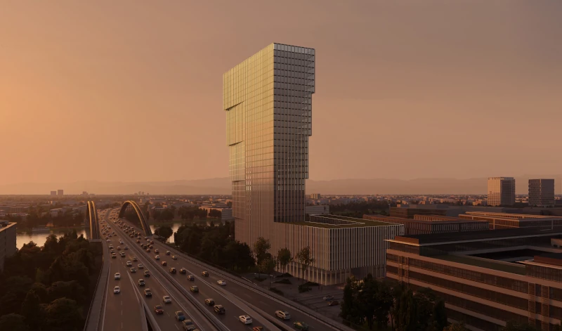Stadt mit Wolkenkratzer in der Abenddämmerung