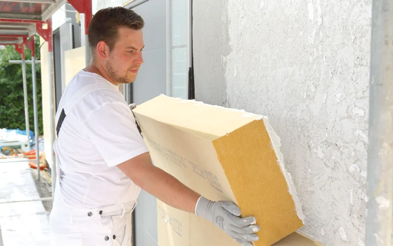 Handwerker steht auf Gerüst und bringt Dämmplatte mit Klebstoff an einer Außenwand an