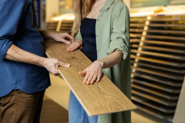 Paar hält eine Holzdiele in der Hand und fühlt daran