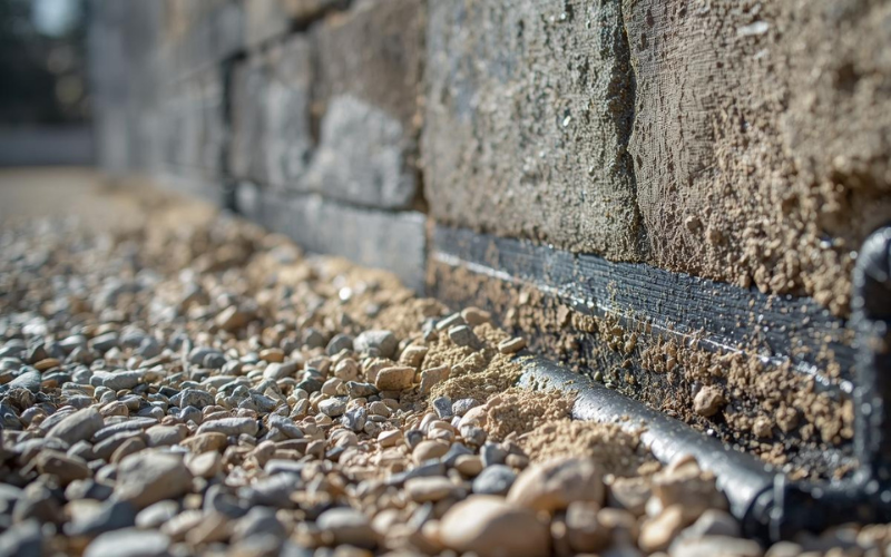 Bild von der hinteren Seite der Mauer, mit Zierkies gelegt als beispielweiser Frostschutz