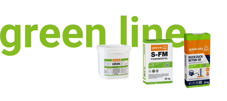 quick-mix green line Produkte: nachhaltiger HR2K Haft- und Reparaturspachtel, S-FM Fugenmörtel und Ruck-Zuck Beton SR. Ressourcenschonende Baustoffe mit Recyclinganteil für umweltbewusstes Bauen.