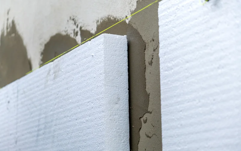Installation von Styropor-Dämmplatten an der Hauswand zum Wärmeschutz.