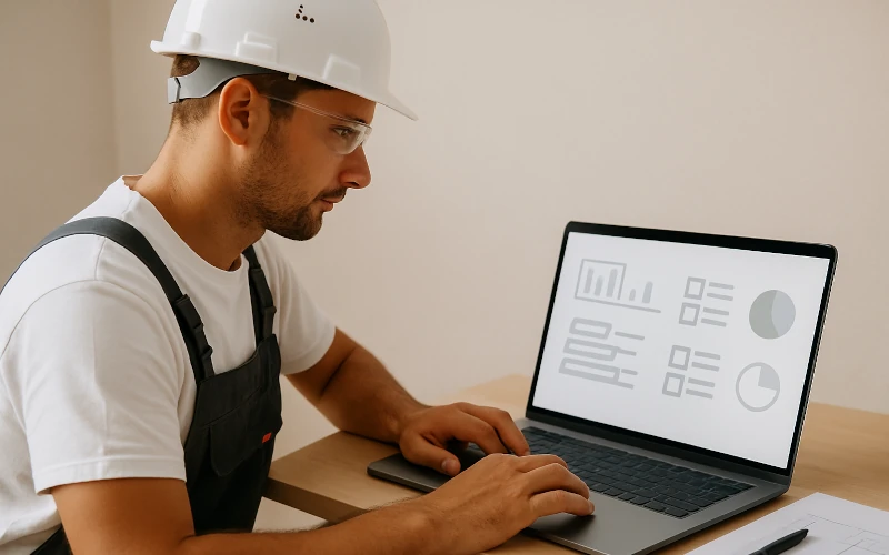 Auf dem Bild sitzt ein Handwerker mit weißem Helm und Schutzbrille an einem Tisch und arbeitet an einem Laptop. Er trägt ein weißes T-Shirt und dunkle Latzhose. Auf dem Bildschirm sind grafische Elemente wie Diagramme und Tabellen zu sehen, jedoch kein lesbarer Text. Neben dem Laptop liegen ein Stift und ein Blatt Papier mit einer Skizze.