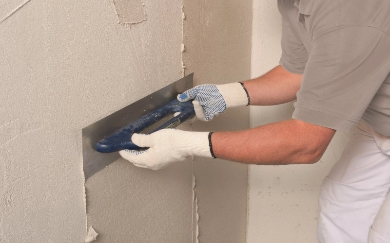 Handwerker trägt Spachtelmasse mit einem Spachtel auf einer Wand auf