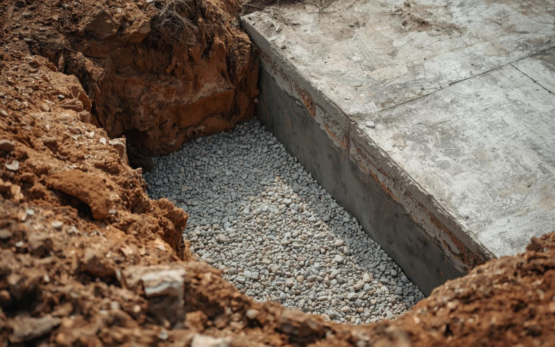 Bild eines Fundamentes einer Natursteinmauer, mit Zierkies