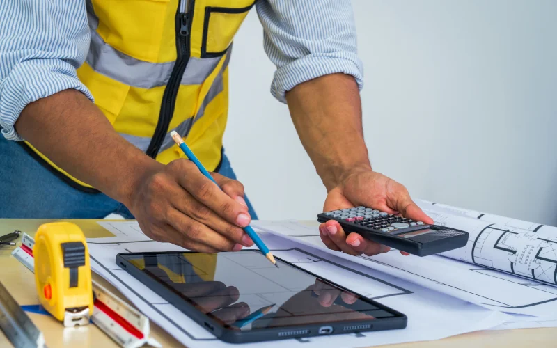 Handwerker rechnet mit Taschenrechner und Tablet einen Kundenauftrag durch
