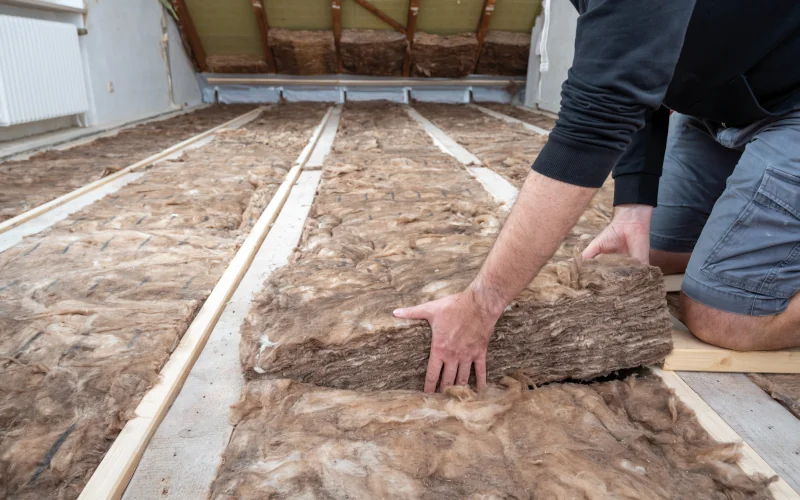Handwerker liegt Klemmfilz Dämmung in Holzkonstruktion