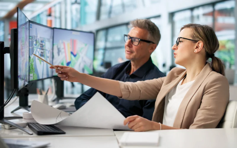 Mann und Frau im Büro schauen gemeinsam auf Pläne auf einem Bildschirm
