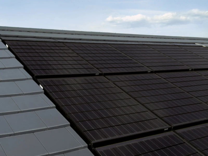 Grau eingedecktes Dach mit Photovoltaikmodulen
