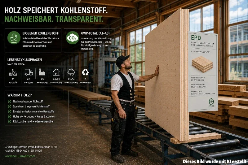 KI generiertes Bild: Ein Mann in Arbeitskleidung begutachtet eine Holzplatte.