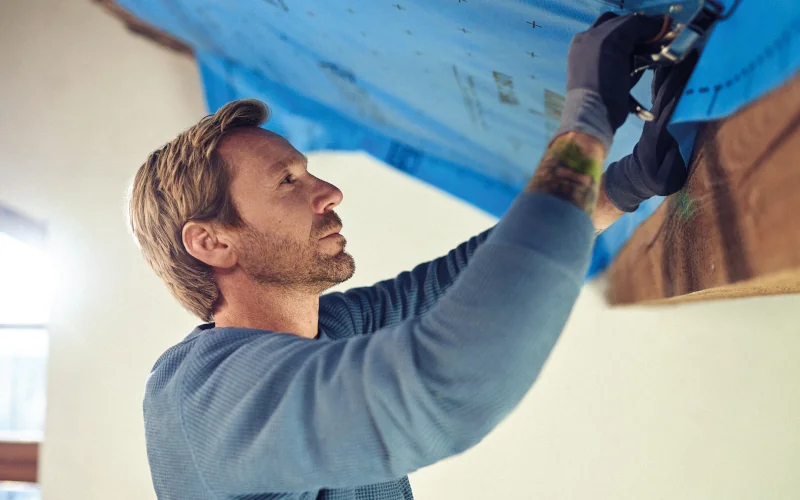 Handwerker bringt blaue Folie am Dach von innen an