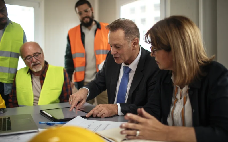 Geschäftsleute und Handwerker sprechen Themen durch