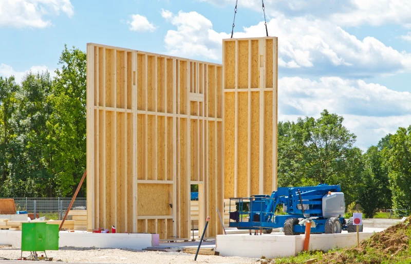 Ein vorgefertigtes Element für eine Holzfassade eines Gebäudes auf einer Baustelle.